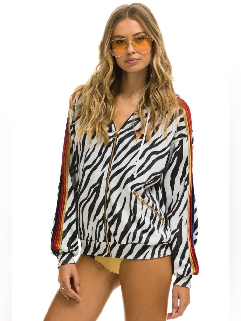 Aviator Nation Relaxed Zip Up Hoodie With Pockets - Zebra Size Medium